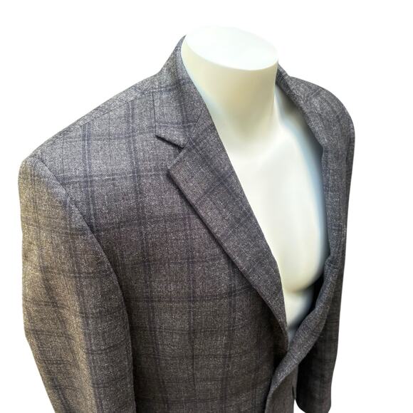 Jos A Bank Sport Coat Sz 42 Long Gray Windowpane Wool Silk Linen Single Breasted - Picture 9 of 15